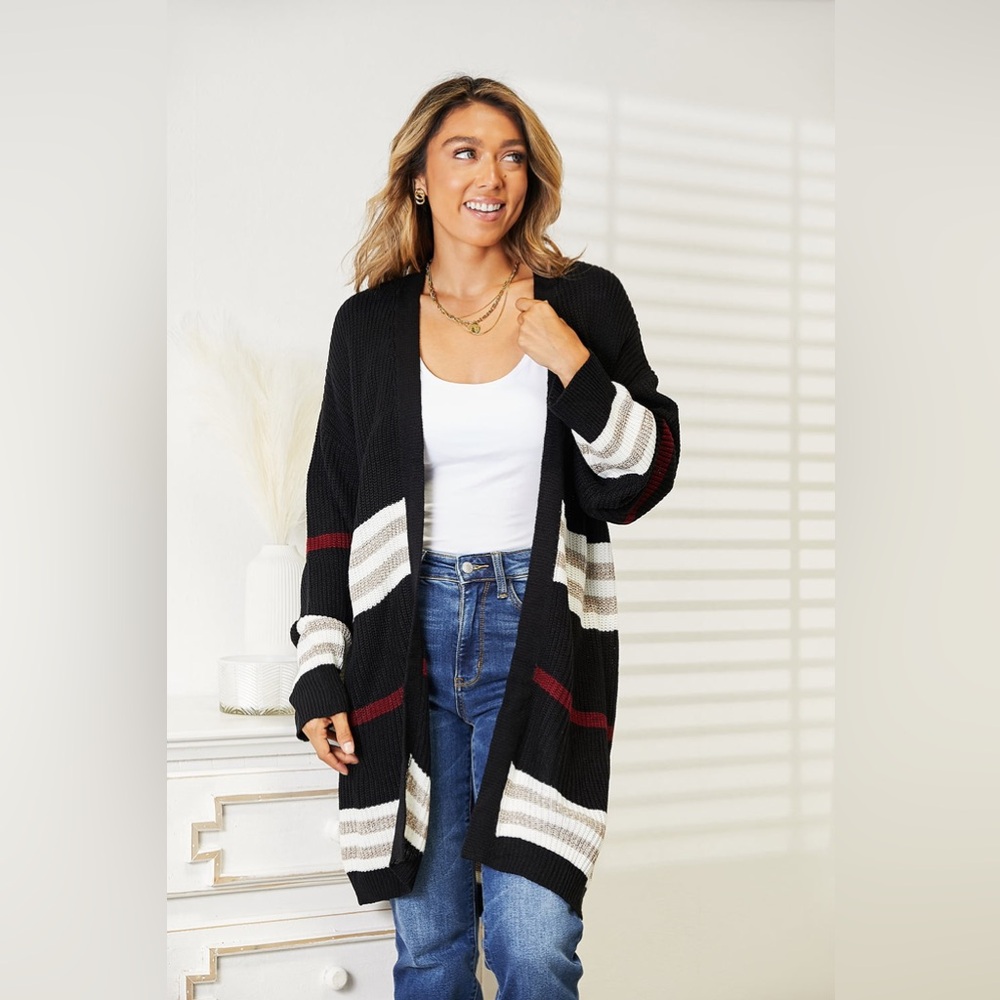 Perfee Striped Rib-Knit Drop Shoulder Open Front Cardigan